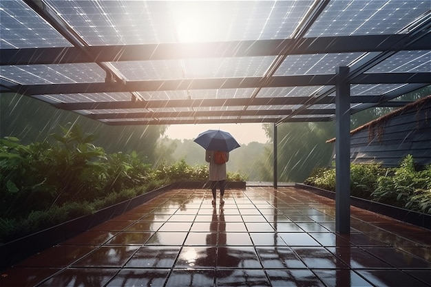 Vue arrière de l'homme avec un parapluie sous le toit des panneaux solaires sous la pluie Generative AI