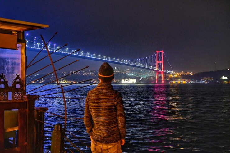 Photo vue arrière d'un homme regardant le pont sur la rivière pendant la nuit