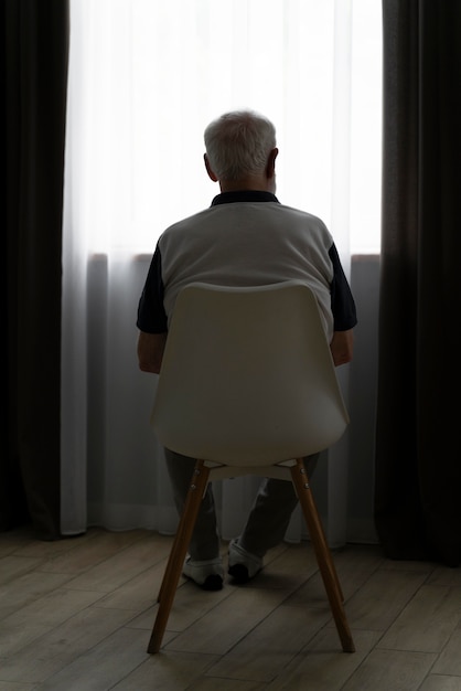 Vue arrière homme senior avec alzeihmer à l'intérieur