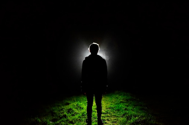 Vue arrière d'un homme en silhouette marchant sur le champ la nuit