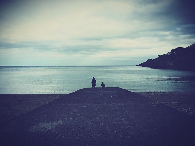 Vue arrière d'un homme en silhouette surplombant la mer calme