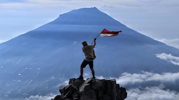 Vue arrière d'un homme tenant un drapeau alors qu'il se tient sur une roche contre le ciel