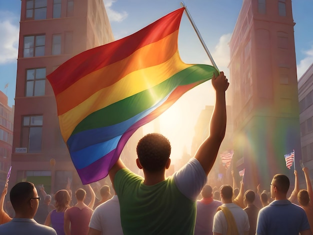 Vue arrière d'un homme tenant un drapeau arc-en-ciel de la fierté gay dans la ville de Generado con ia