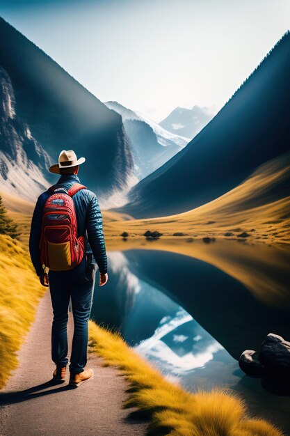 Vue arrière d'un homme touristique avec un sac à dos face aux montagnes