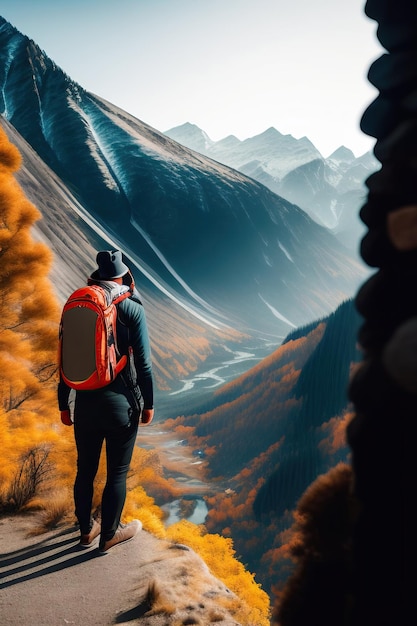 Vue arrière d'un homme touristique avec un sac à dos face aux montagnes