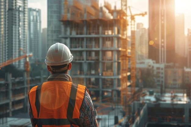 Vue arrière d'un ingénieur de la construction regardant le bâtiment sur le chantier