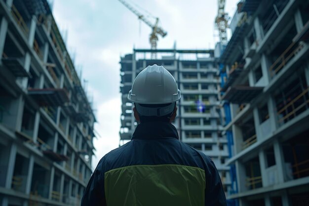 Vue arrière d'un ingénieur de la construction regardant le bâtiment sur le chantier