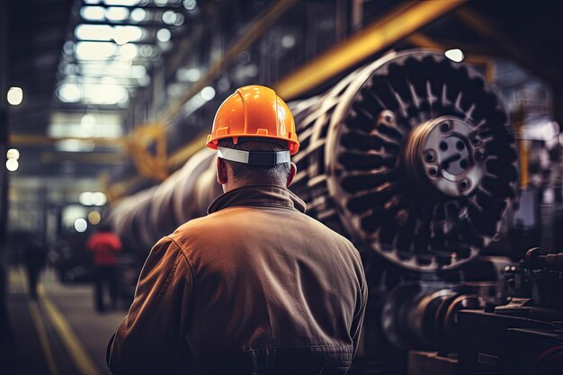 Vue d'arrière d'un ingénieur dans une usine industrielle lourde IA générative