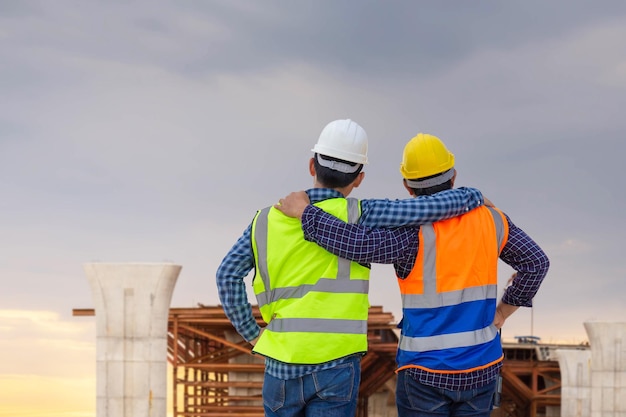 Vue arrière de l'ingénieur et du contremaître avec un chemin de détourage vérifiant le projet sur le chantier Ingénieur et constructeurs en casques sur le chantier de construction d'infrastructures Concepts de travail d'équipe