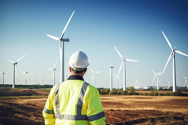 Vue arrière d'un ingénieur regardant des éoliennes sur le terrain IA générative