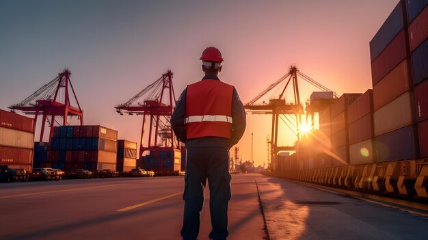 vue arrière d'un ingénieur en uniforme debout face à une cargaison de conteneurs industriels avec un ciel bleu au coucher du soleil