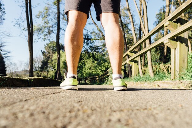 Vue Arrière Des Jambes Et Des Baskets D'un Coureur Sur Le Chemin D'un Parc Conçu Pour Courir Le Concept De Soins Personnels En Cours D'exécution