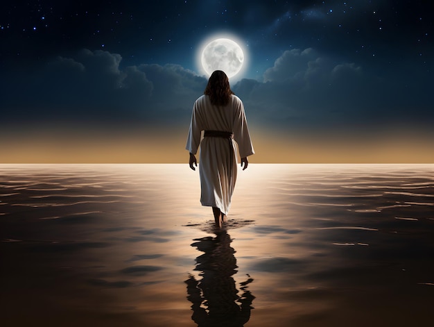 Vue arrière de Jésus-Christ marchant sur l'eau la nuit de la pleine lune