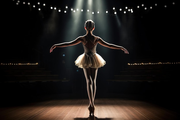 Vue arrière de la jeune ballerine en tutu dansant sur scène avec des projecteurs Generative AI