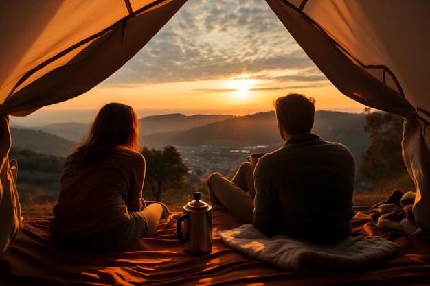 Vue arrière d'un jeune couple assis et profitant d'une belle vue ensemble Vacances de camping