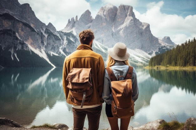 Vue arrière d'un jeune couple avec des sacs à dos regardant un magnifique lac dans les Dolomites en Italie Vue arriere d'un couple de voyageurs regardant le lac de montagne généré par l'IA