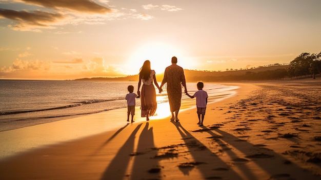 Une vue arrière d'une jeune famille heureuse marchant joyeusement sur une plage de sable au coucher du soleil
