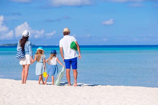 Vue arrière d'une jeune famille sur la plage tropicale