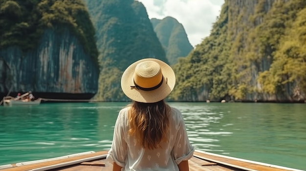 Vue arrière de la jeune femme au chapeau de paille se relaxant sur le bateau et regardant avec impatience le lagon