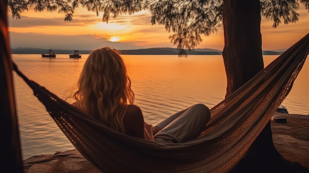 Vue arrière d'une jeune femme balançoire fictive sur le hamac devant l'eau