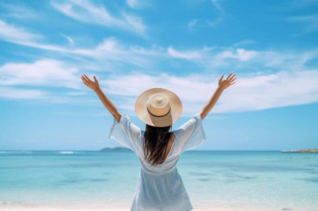 Vue arrière d'une jeune femme en chapeau avec les bras levés sur une plage tropicale