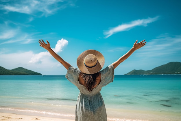 Vue arrière d'une jeune femme en chapeau avec les bras levés sur une plage tropicale