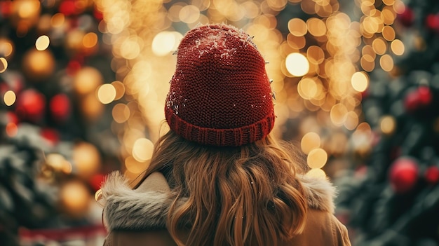 vue arrière d'une jeune femme dans un chapeau d'hiver regardant l'arbre de Noël