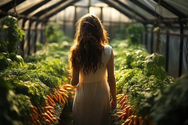 Vue d'arrière d'une jeune femme heureuse un jardinier cultive de la laitue dans une serre