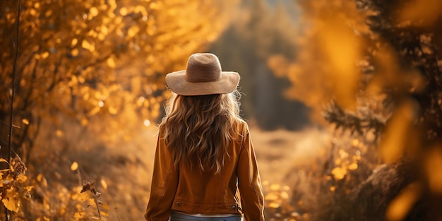 Vue arrière d'une jeune femme avec un sac à dos qui se promène dans le parc d'automne