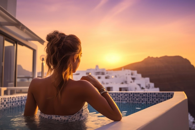 Vue arrière d'une jeune femme se relaxant dans la piscine à débordement au coucher du soleil Voyage de luxe Santorin vacances femme vue arrière nageant dans la piscine du jacuzzi de l'hôtel regardant le coucher du soleil AI généré