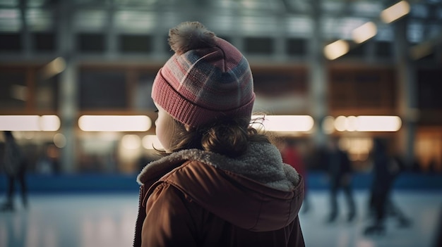 Vue arrière d'une jeune femme en vêtements d'hiver regardant la patinoire ai générative