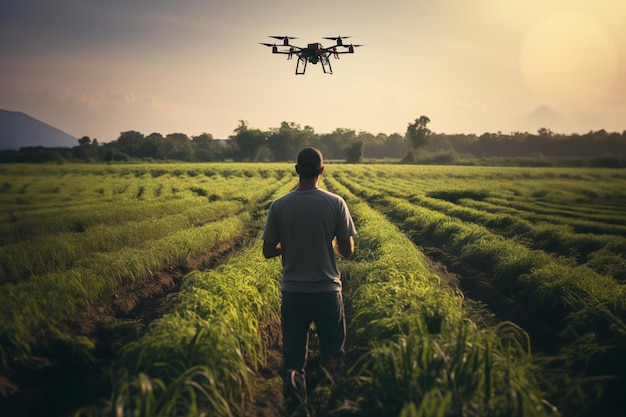 Vue arrière d'un jeune fermier avec un drone sur le champ