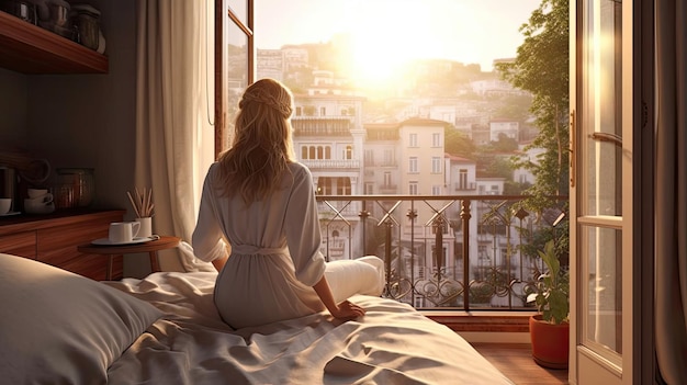 Vue arrière d'une jeune fille assise sur le lit en regardant la fenêtre