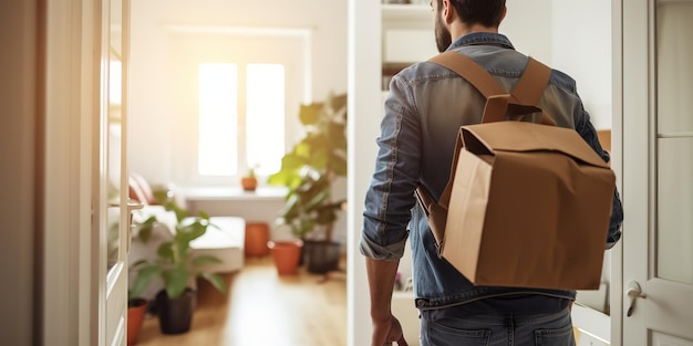 Vue arrière d'un jeune homme marchant dans son appartement entrant dans une nouvelle maison