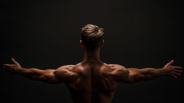 Vue arrière d'un jeune homme musclé et en bonne santé avec les bras étendus isolé sur un fond noir