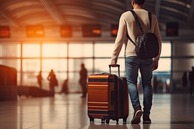 Vue arrière d'un jeune homme avec une valise dans le terminal de l'aéroport Concept de voyage et de tourisme Gros plan d'un homme marchant avec des bagages dans le concept de voyage de l'aéroport AI généré