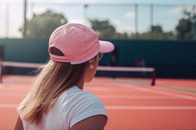 Vue arrière d'une jeune joueuse de tennis en casquette rose et t-shirt blanc sur un court de tennis Generative AI