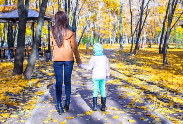 Vue arrière de la jeune mère et sa fille adorable, marchant dans la forêt d'automne jaune par une chaude journée ensoleillée