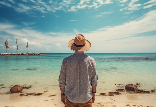 vue arrière jeune touriste homme en robe d'été et chapeau debout sur une belle plage de sable profitant