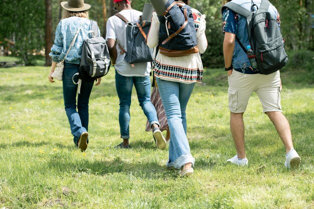 Vue arrière de jeunes touristes marchant sur l'herbe et portant des cartables lors d'une randonnée ensemble