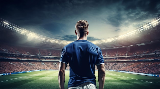 Vue arrière d'un joueur de football en t-shirt bleu au stade