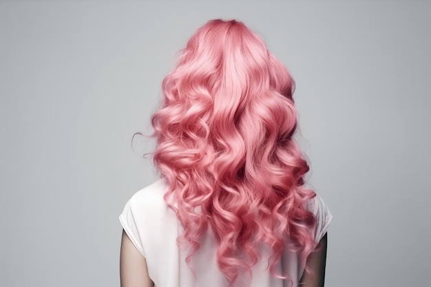 Vue arrière de longs cheveux bouclés roses sur fond blanc IA générative