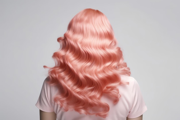 Vue arrière de longs cheveux bouclés roses sur fond blanc IA générative