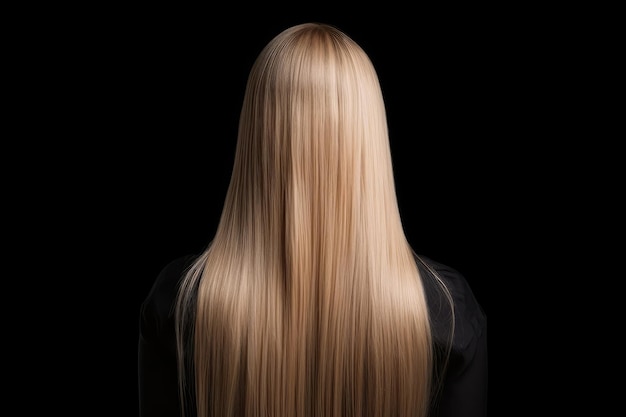 Photo vue arrière de longs cheveux raides blonds sur fond noir ia générative