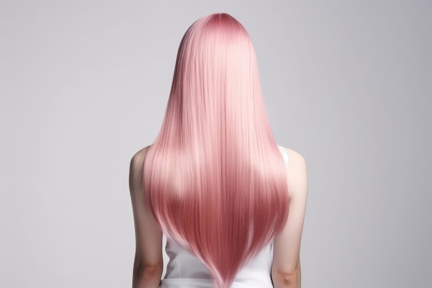 Vue arrière de longs cheveux raides roses sur fond blanc IA générative