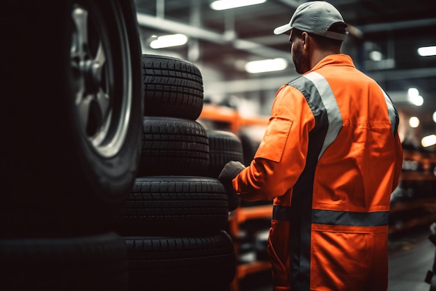 Vue arrière d'un mécanicien professionnel et d'une pile de pneus de voiture neuve dans un atelier de réparation automobile.