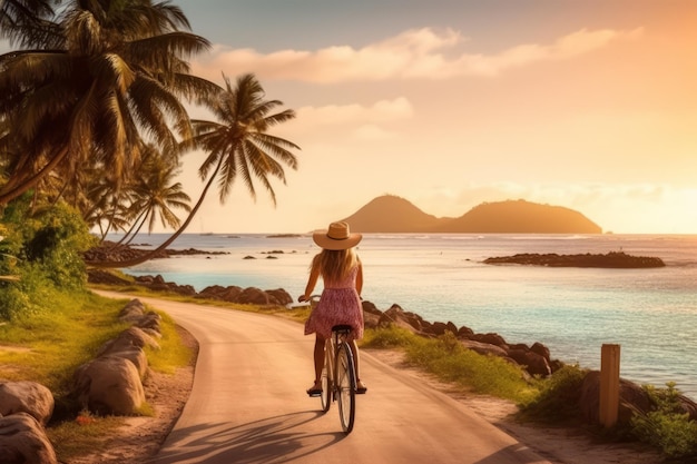 Vue arrière d'une motarde avec un chapeau d'été faisant du vélo sur la route avec un vélo de location près de la mer