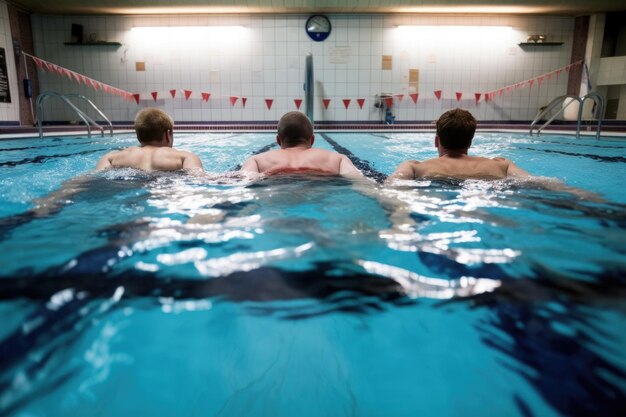 Vue arrière de nageurs dans une piscine créée avec une IA générative