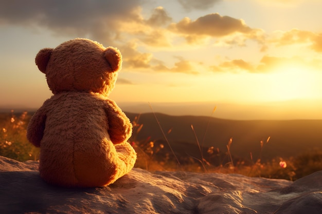 Vue arrière d'un ours en peluche assis avec en arrière-plan une vue sur la montagne au coucher du soleil
