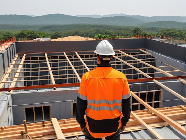 Photo vue arrière d'un ouvrier de la construction portant un uniforme de sécurité pendant le travail sur la structure du toit du bâtiment.